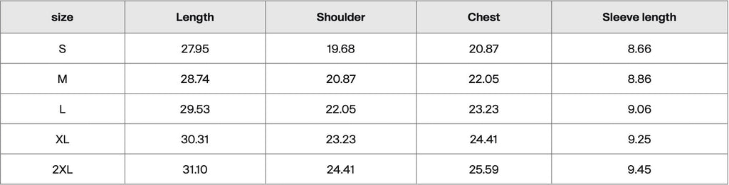1331 Visions Tee size chart