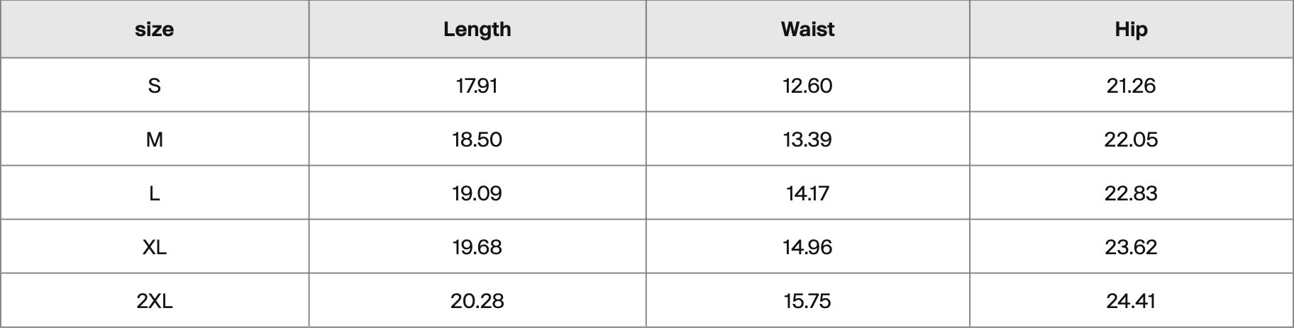Club 1331 Shorts size chart